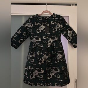 FRNCH Dark Floral Jacquard Dress with 3/4 Sleeves (NWT)